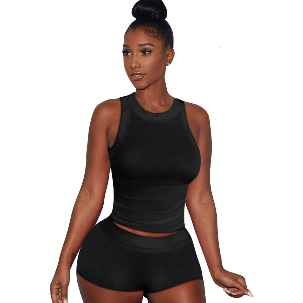 New Summer Sportwear Womens Casual Classic Sexy Solid Color Tank Top Shorts Two Piece Set Pit Stripe Fabric