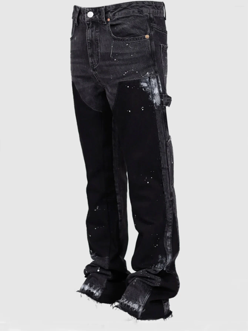 Mens Jeans Hand-painted Black Stacked Flared Pants Contrast Color Spliced Casual Denim Outwear For Male