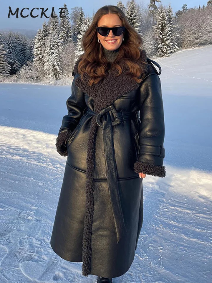 Street womens leather sheepskin wool coat long sleeved single breasted jacket with lapel 2024 thick winter jacket 241118