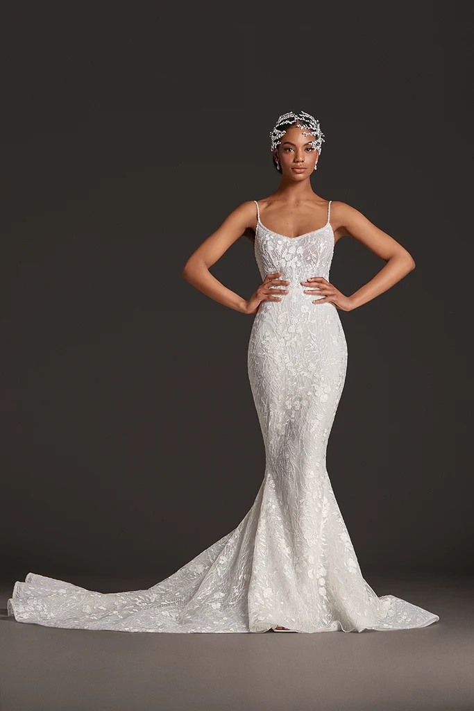 2024 Shiny Floral Prints Spaghetti Straps 2 In 1 Mermaid Wedding Dress With Removable train Sleeveless Beading AppliquesFlowers Lace Trumpet Bridal Go