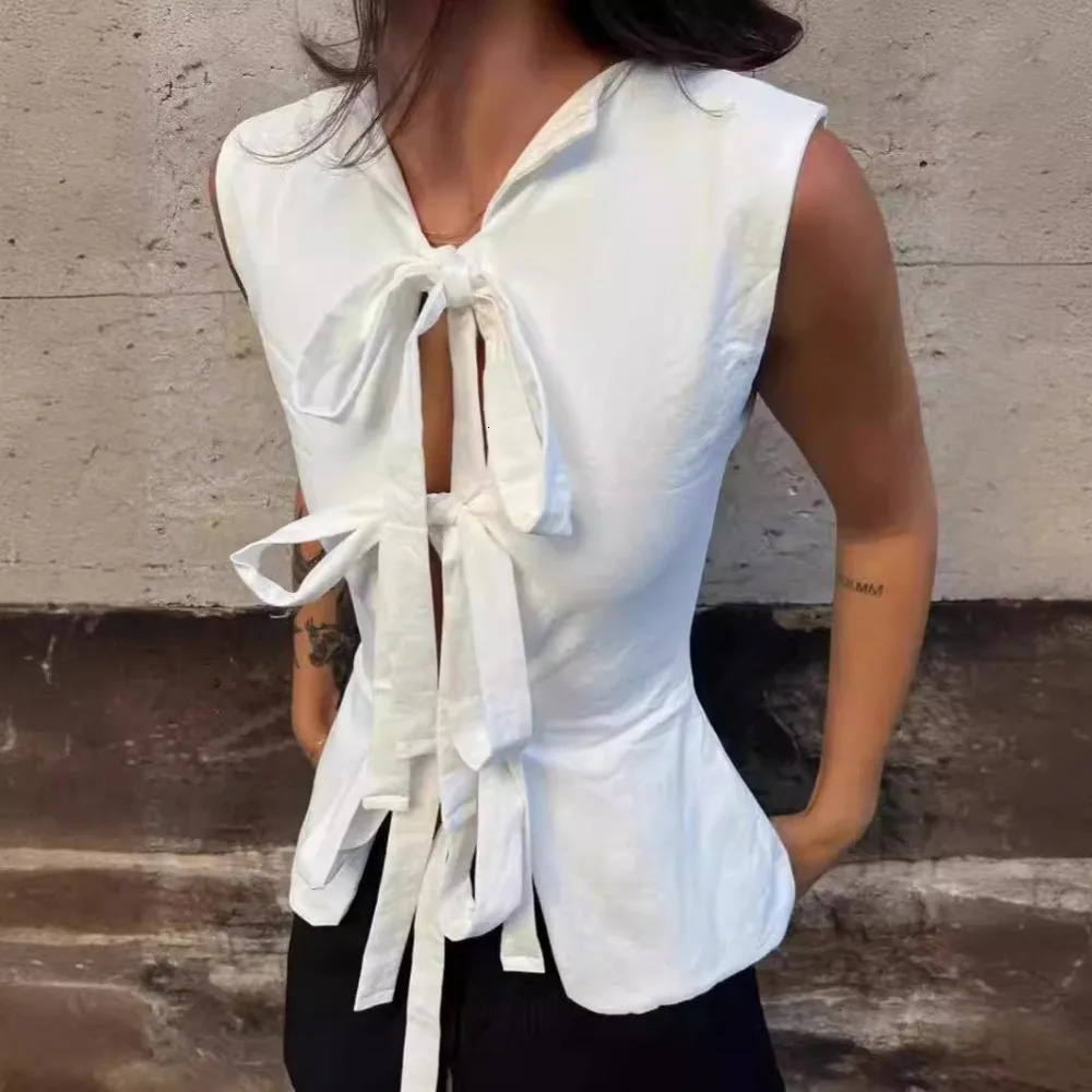 White Front Lace-up Tops Women Summer Sexy Hollow Out Sleeveless Beach Party Cropped Fashion Y2K Tank Top Streetwear 240415