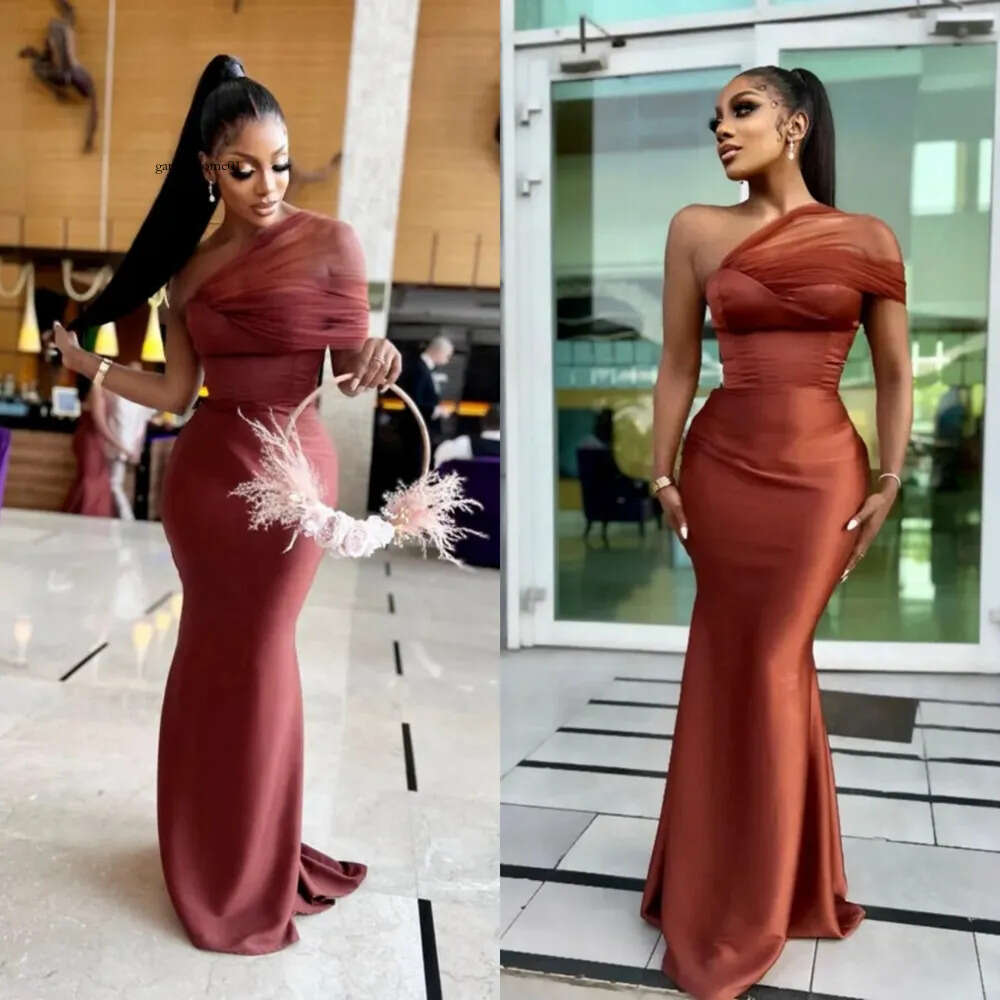 Brown Bridesmaid Mermaid One Shoulder Tulle Elastic Satin Maid Of Honor Dresses Simple Style Elegant Wedding Guests Gowns Bc18518