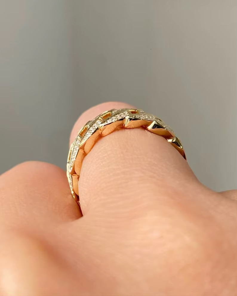 Real Diamond Hip Hop Cuban Curb Chain Ring Full Eternity 14k 18k Gold Trendy Mens for Wedding Anniversary Style Rings Oem