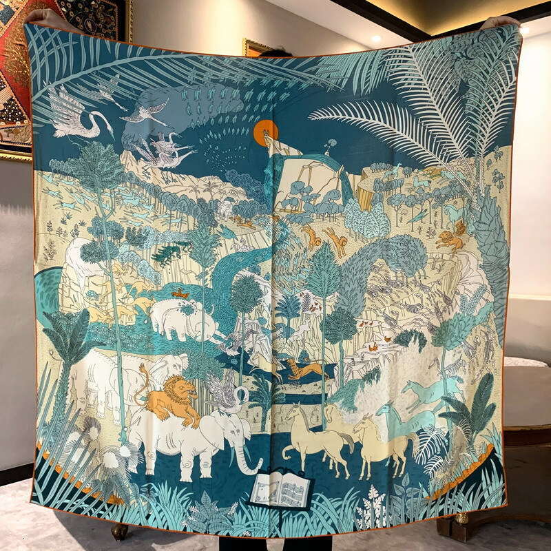 Blue green animal carnival double-sided two tone large square scarutumn and winter warmth, thin silk scarf, high-end shawl for women
