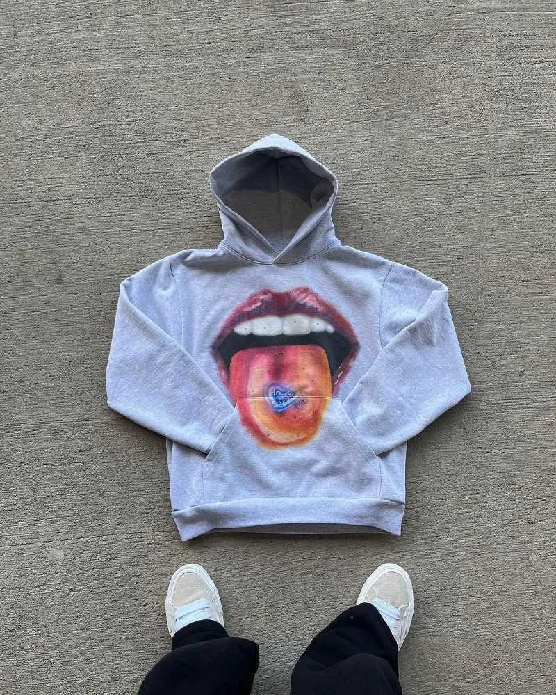High Quality High Street Retro Big Mouth Anime Print Oversi Hoodie Mens Y2k Harajuku Fashion Hip Hop Rock Loose Plover Wen T241118