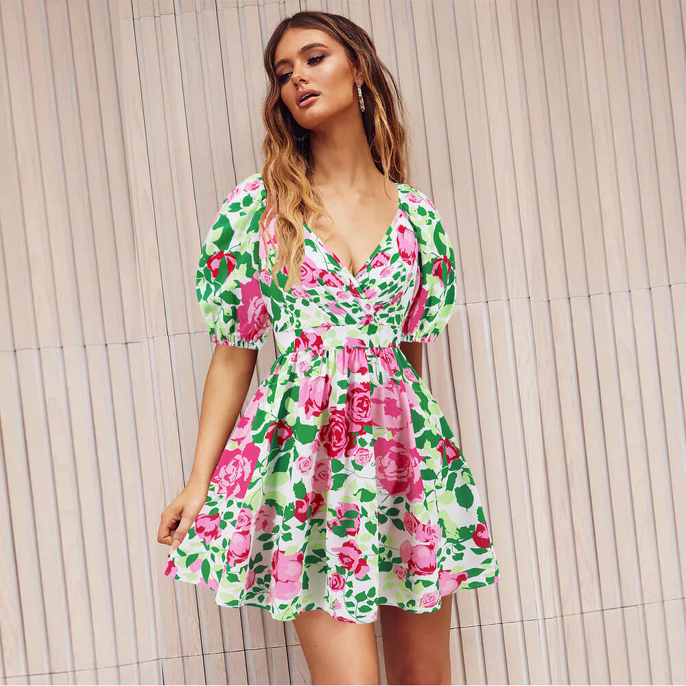 Women's 2024 Summer New V-neck Printed Beach Skirt Lantern Sleeves Short Dress F41843
