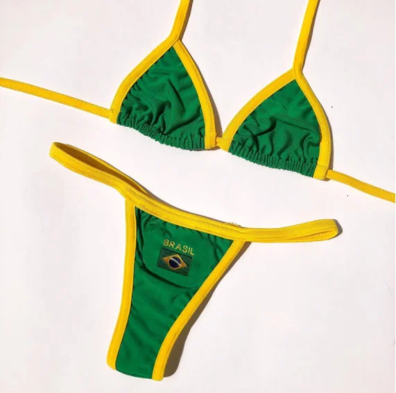 Sexy Embroidery Brasil Flag Contrast Split Bikini Set Women Swimwear Patchwork Swimsuit tie Outfit Summer Beachwear 240416