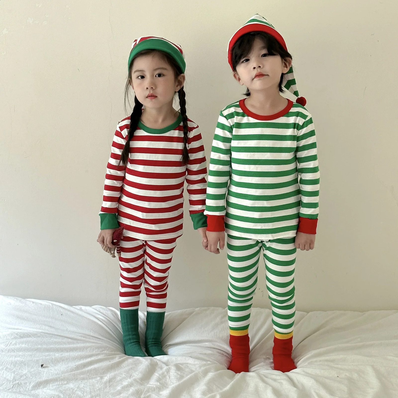 Autumn Winter Kids Girls Christmas Thermal Underwear Baby 2PCS Pajamas Set Cotton Striped Children Girls Homewear with Hat 241118