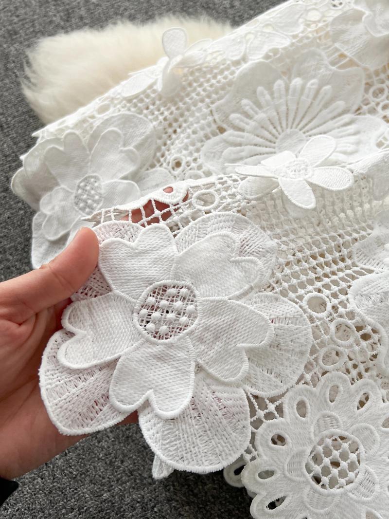 Casual Dresses Foamlina Luxury White Holiday Dress Vintage Celebrity V-neck Sling Heavy Industry Embroidery 3D Lace Long Strap