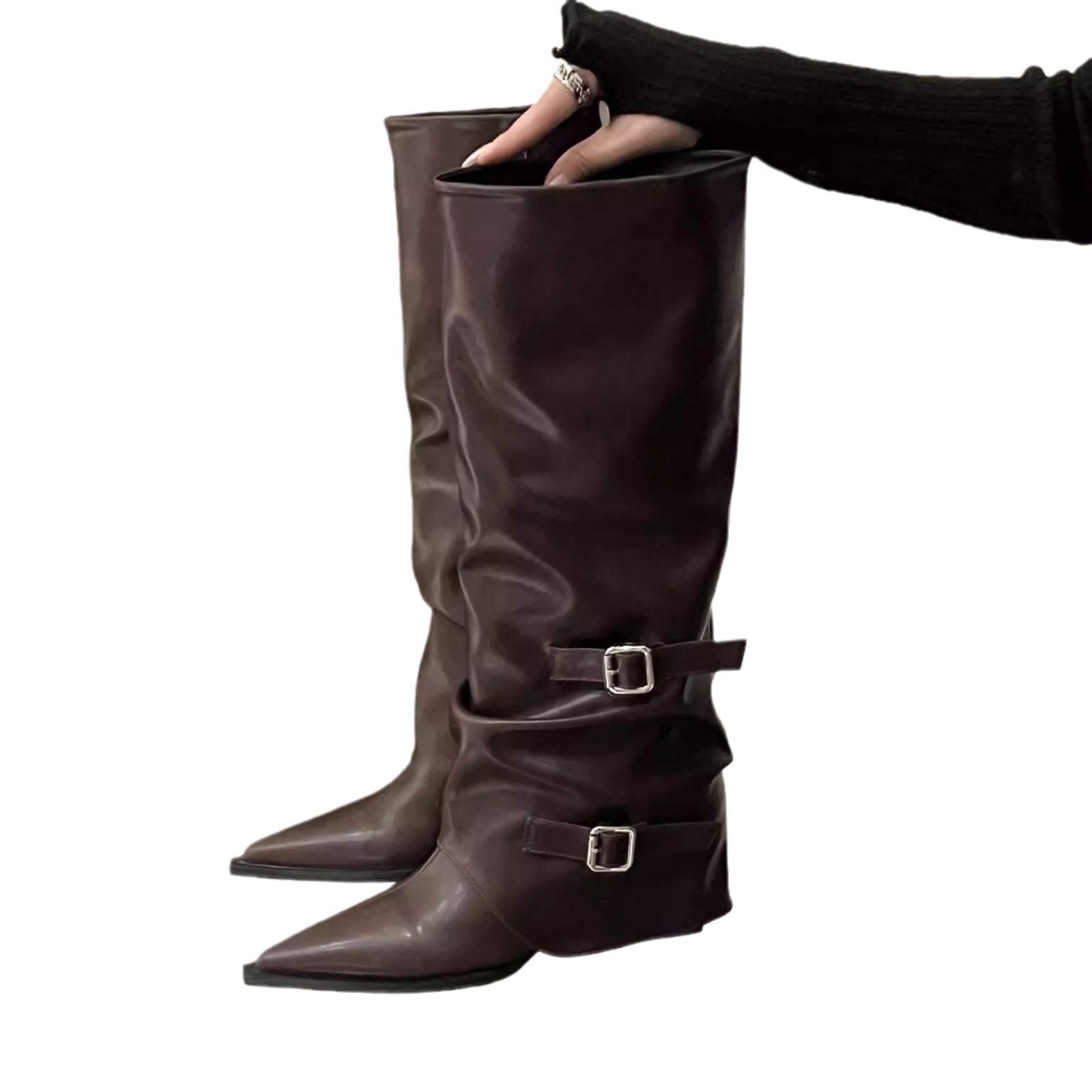 New Footwear Modern Women Knee High Boots Designer Buckle Fashion New Pointed Toe Ladies Long Booties With 5.5CM Heels Female Shoes