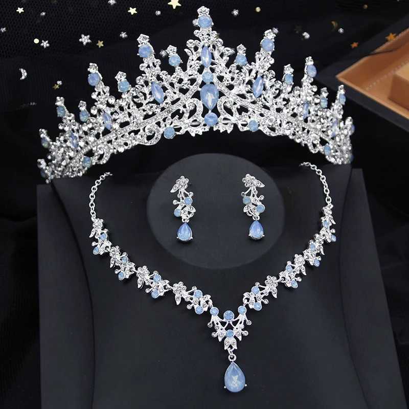 Luxury Silver Opal Water Drop Crown Bridal Jewelry Set Water Diamond Headpiece and Necklace Earrings Wedding Jewelry Set W241118