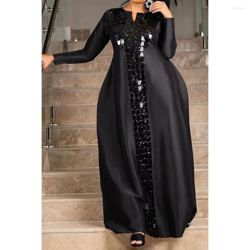 Plus Size Dresses Fashion Womens Black Satin Sequin Dress Long Sleeve Maxi Casual Holiday Solid Color Robe