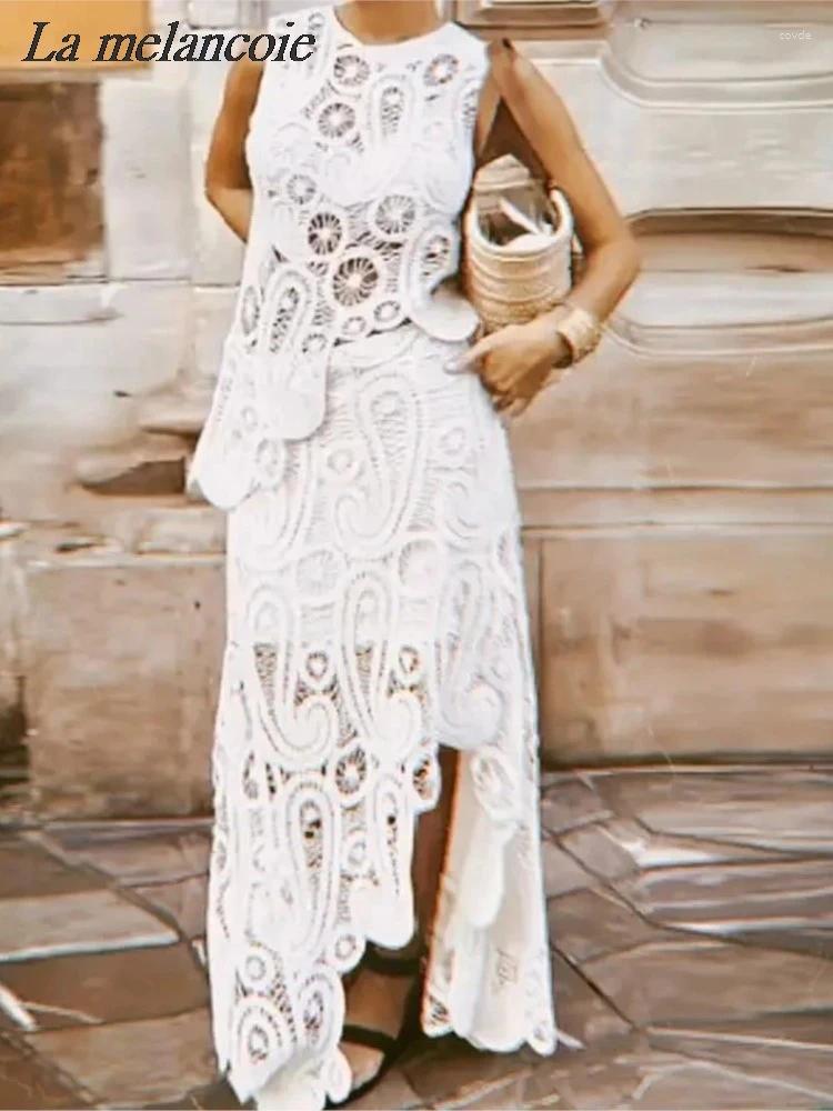 Work Dresses Crochet Knitted Irregular Top & Skirts Set Woman Summer Sexy Sleeveless Tank High Waist Elegant Chic Outfit