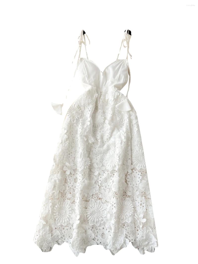 Casual Dresses Foamlina Luxury White Holiday Dress Vintage Celebrity V-neck Sling Heavy Industry Embroidery 3D Lace Long Strap