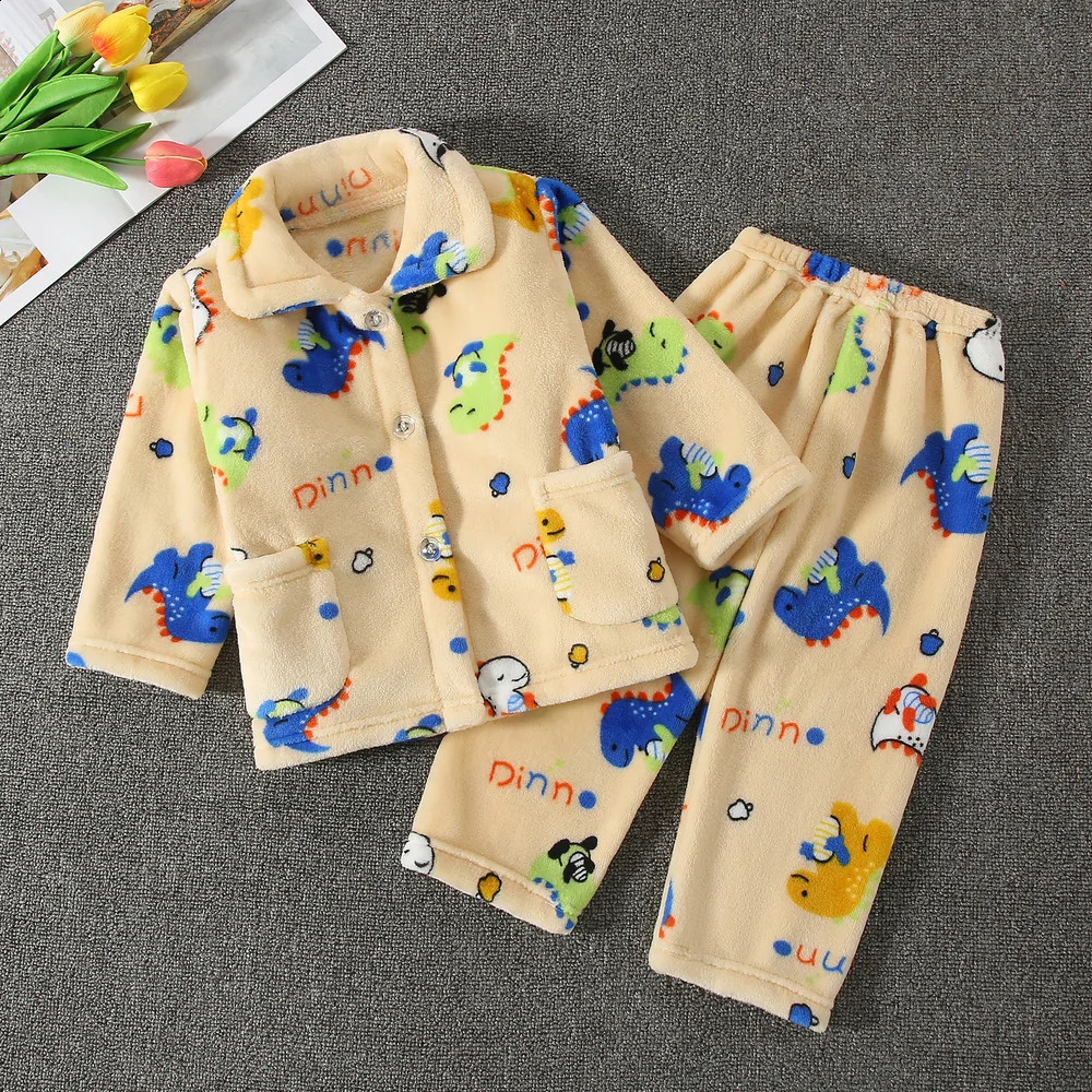 childrens boys and girls autumn and winter flannel pajamas set cartoon print long sleeved lapel top with pants pajama set 241118