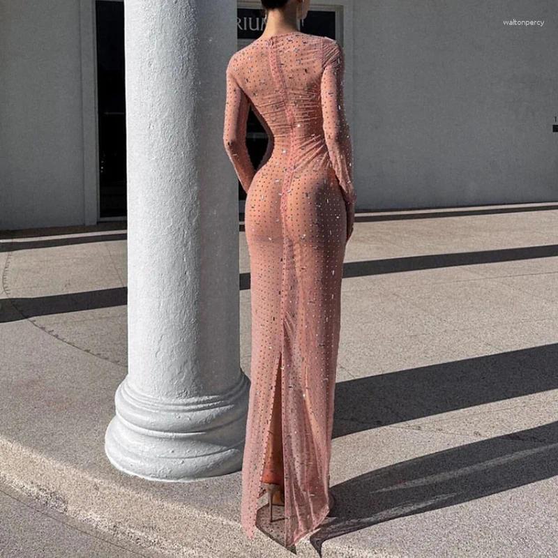 Casual Dresses Glitter Diamond Sexy Mesh See-Through Split Maxi Dress Long Sleeves O-neck Slim Bodycon Cover Up For Women Spring 2024