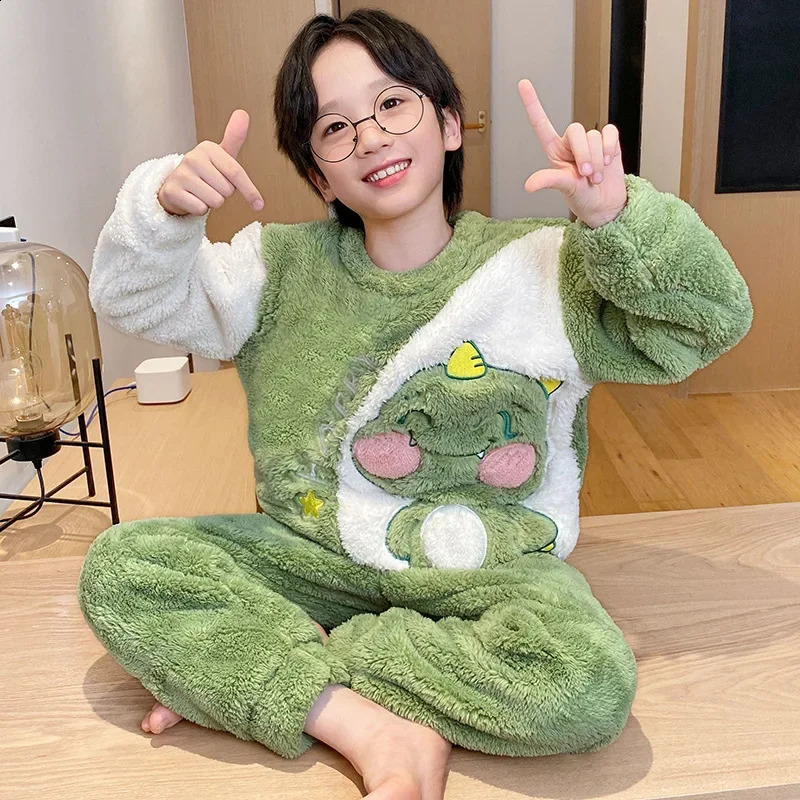Winter Warm Youth Pajamas Animal Cartoon Bear Childrens Pajama Set Coral Velvet Plush Girls Home Clothing Flannel Boys Pajamas 241118