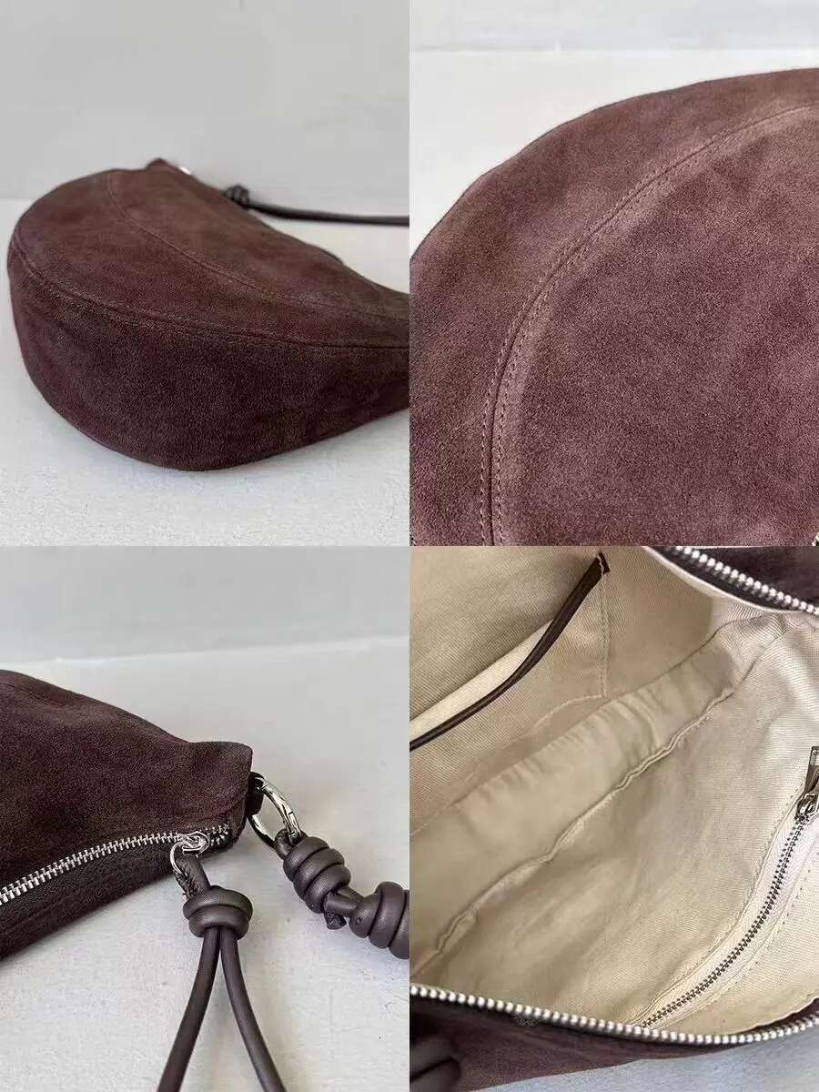 New High-End Soft Lambskin Matte Suede Leather Half Moon Pea Shape Saddle Green Coffee Women Shoulder Crossbody Bag Genuine Leather BagVoyage