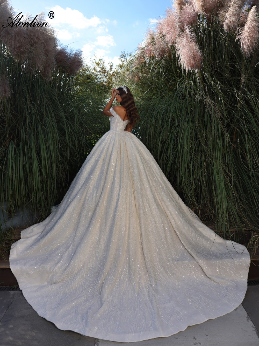 Luxury Beading Embroidery Lace Off Shoulder Sleeves Ball Gown Wedding Dress Delicate Beaded sequined Lace Bridal Gowns Adroned With Chapel Train