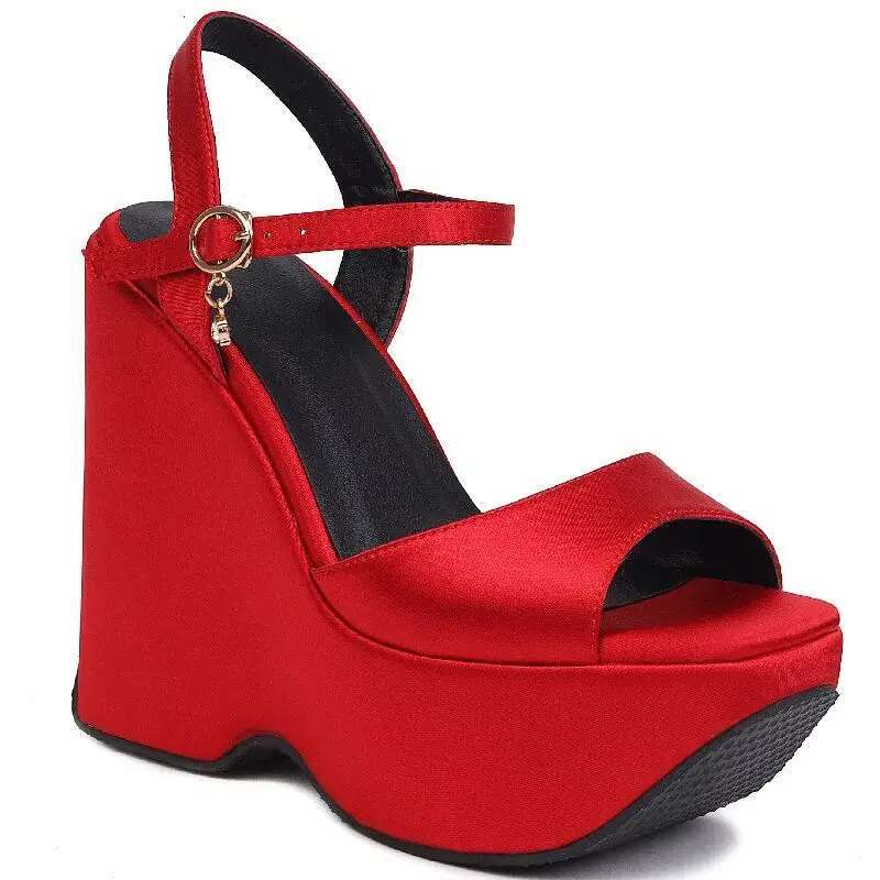 Sexy Punk High Heels Sandals Women Summer Platform Satin Red White Black Wedge Heeled Party Fetish Wedding Shoes Ladies a582