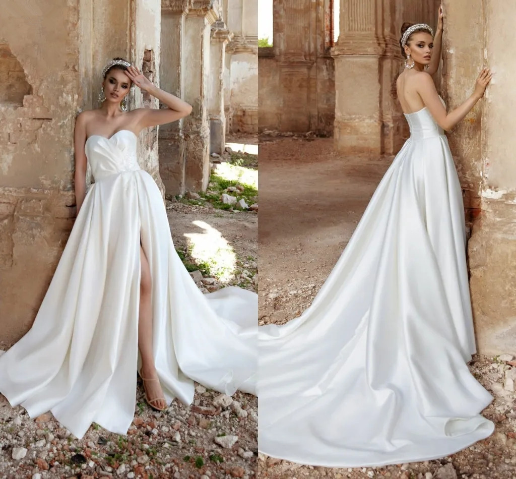 Sweetheart Elegant Satin A Line Wedding Dresses Simple Ruched Boho Garden Bridal Gowns de Mariee YD