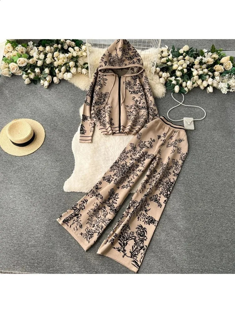Vintage Printed Knitted 2-piece Womens Casual Knitted Hooded Zipper Sweatshirt Coats Conjuno High Waist Wide Leg Pants Set 241116