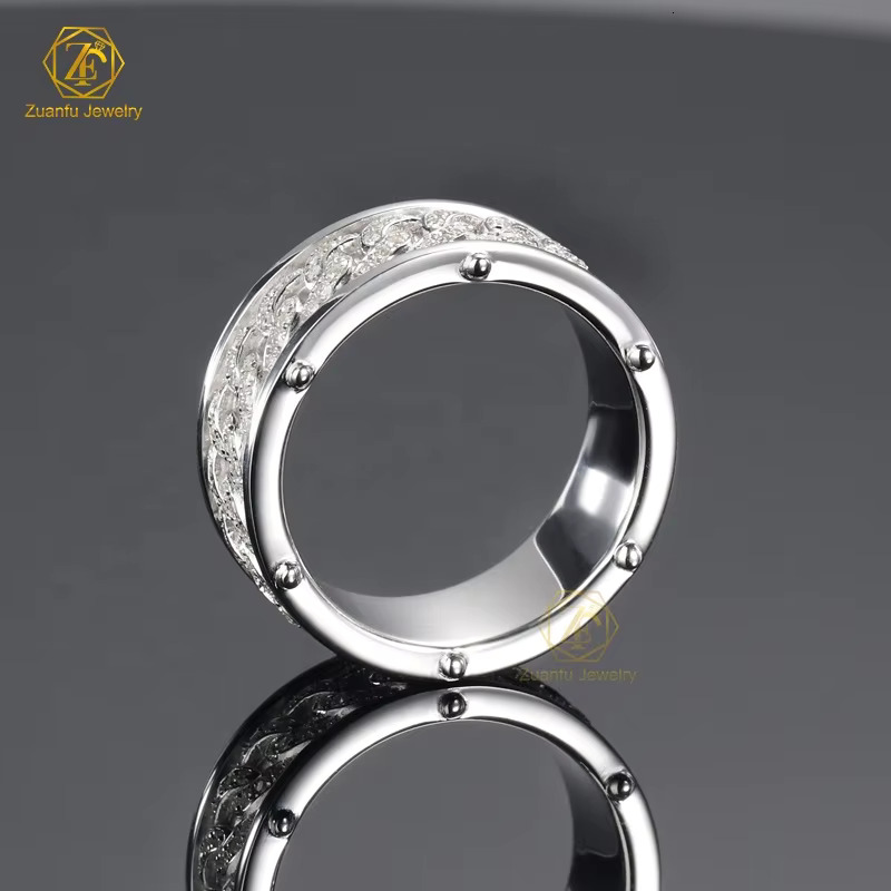 Factory Price White Gold Plated 925 Sterling Silver Vvs Moissanite Diamond 8mm Cuban Link Chain Band Ring for Men