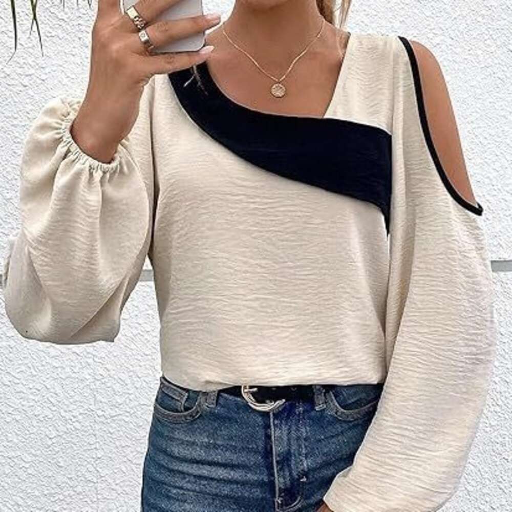2024 Shirt Off Shoulder Patchwork Long Sleeved Fashionable Loose Fitting Women's Top F41829