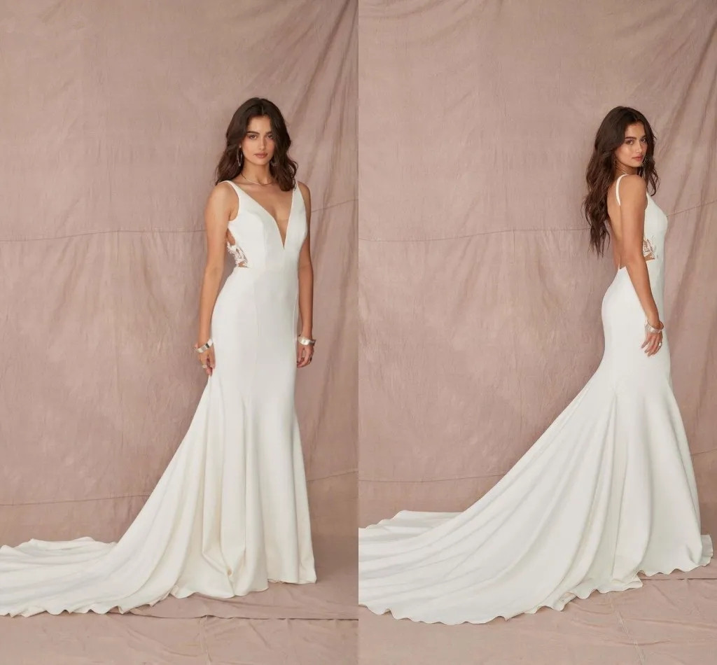 Deep V Neck Elegant Satin Mermaid Wedding Dresses Boho Simple Minimalist Lace Court Train Sexy Backless Bride Fashion Robes de Mariee YD