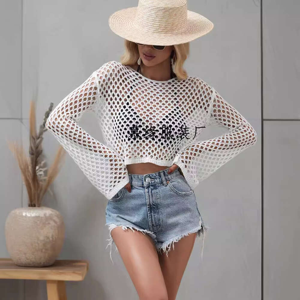 2023 Spring/summer New Knitwear Flare Sleeves Loose Round Neck Hollow Out Sweater for Women F41836