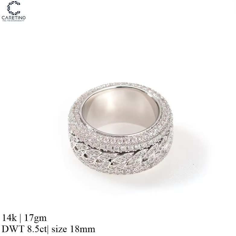 Zircon Diamond Rings Gold Bling Hip Hop Iced Out Finger Ring Cuban Link Chain 11mm Exaggerated Band for Women Men