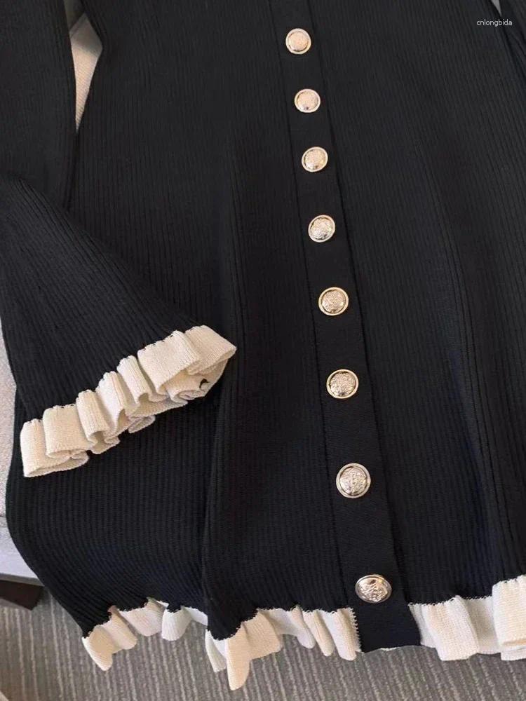 Lanjia- CNLONGBIDA Casual Dresses Autumn Winter French Fashion Old Money Long Sleeve Knit Dress Women 2000S V-Neck Frock Mini One-Piece Vintage Coquet