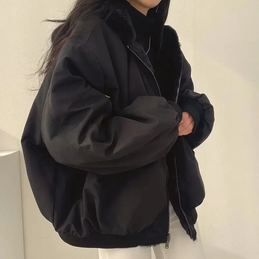 2024 Winter Double sided Wearable Cotton padded Jacket Loose Fit Hooded Wool Lined Thickened Jacket 241118
