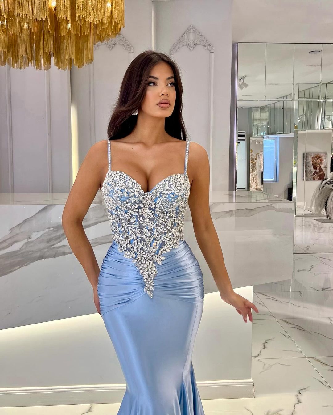 Elegant Light Sky Blue Mermaid Evening Dresses Long for Women Spaghetti Straps Crystals Rhinestone Draped Pleats Prom Birthday Pageant Special Ocn Dre