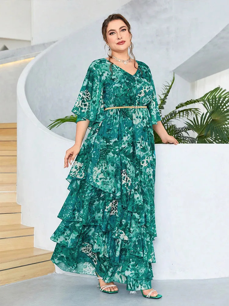 New Women Plus Size Maxi Dresses Stylish Elegant Chiffon Dress Casual Vneck Flared Sleeves Vintage Green Print Vacation Dress