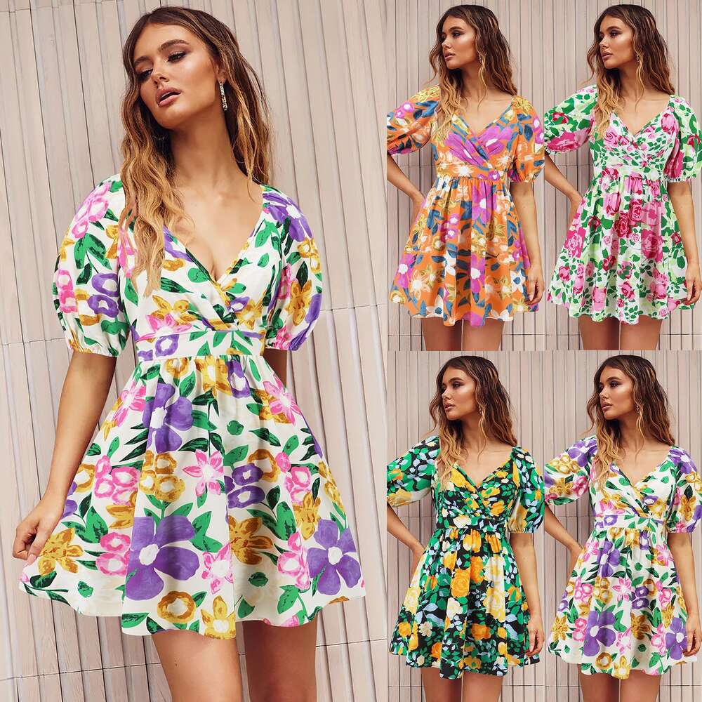 Women's 2024 Summer New V-neck Printed Beach Skirt Lantern Sleeves Short Dress F41843