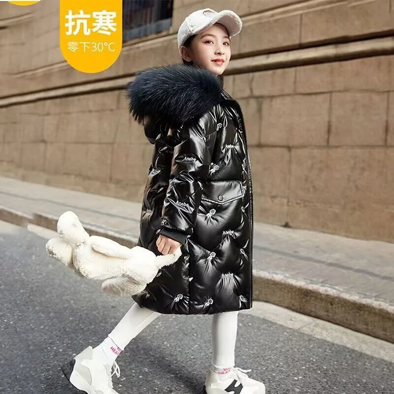 510 Y Winter Thick Cotton Coats For Girls Waterproof Fur Collar Hooded Jackets Kids Outerwear Clothing Teenage Parka Snowsuit 241118