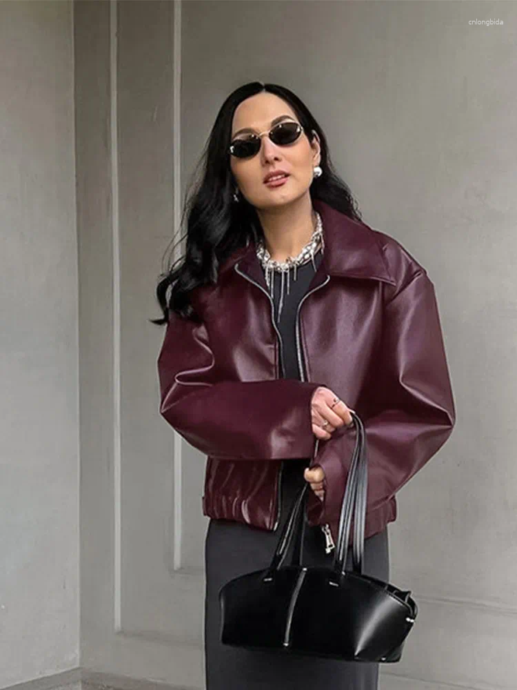 Womens Leather Y2K Wine Red Lapel Zipper Motorcycle Jacket For Women Autumn Vintage Long Sleeve Bomber Biker Female Street Coats