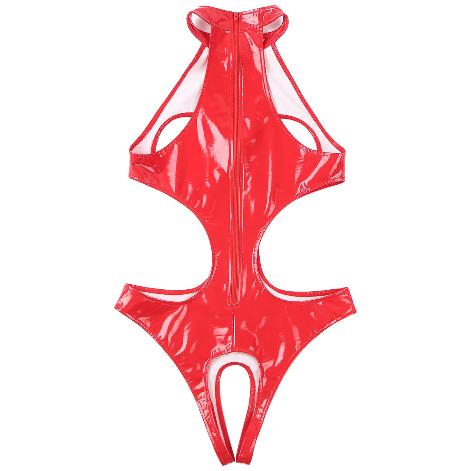 Womens Wetlook Bodysuit Cupless Latex Catsuit Sexy Open Crotch Lingerie Patent Leather Cut Bra Bodycon Jumpsuit Rave Dance 241118