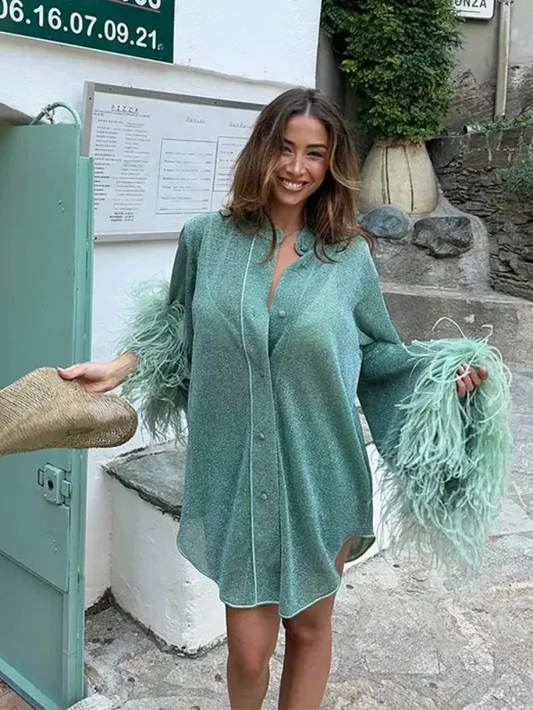 Fashionable shiny feather stand up collar shirt womens fashion patch work solid single chest top 2024 summer womens holiday beach coat 241118