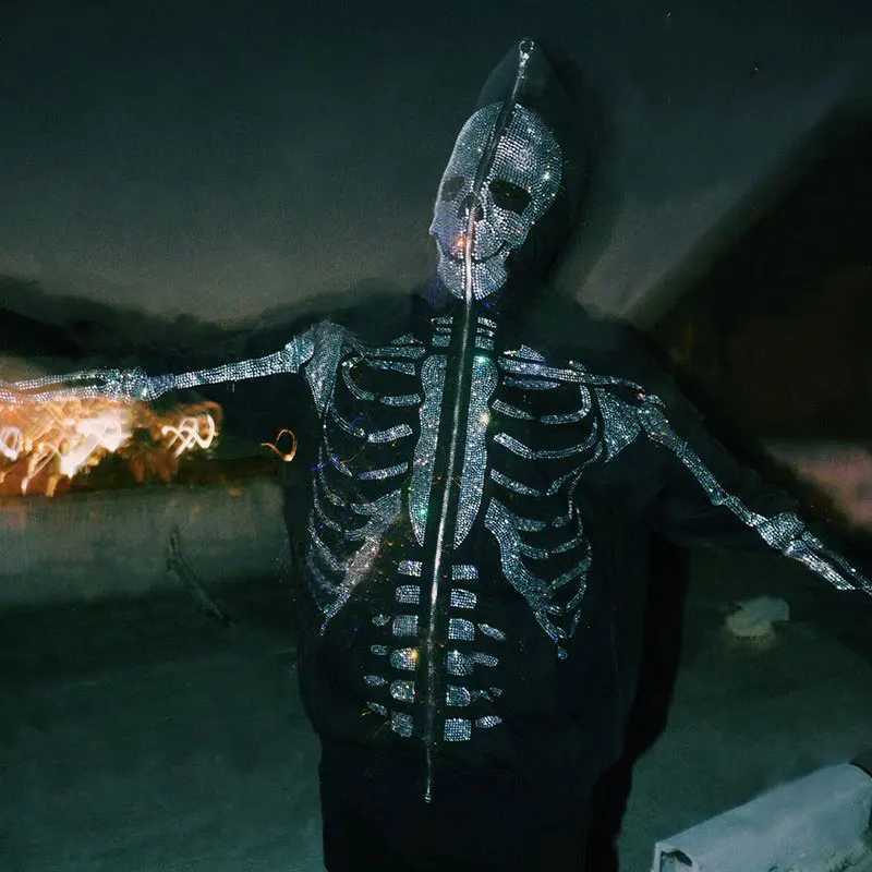 High Quality Gothic Long Sve Rhine Skeleton Hoodie Y2k Jacket Mens Hoodie Oversi Fl Zip Hoodie Goth Sweatshirt Sports Coat Autumn T241118