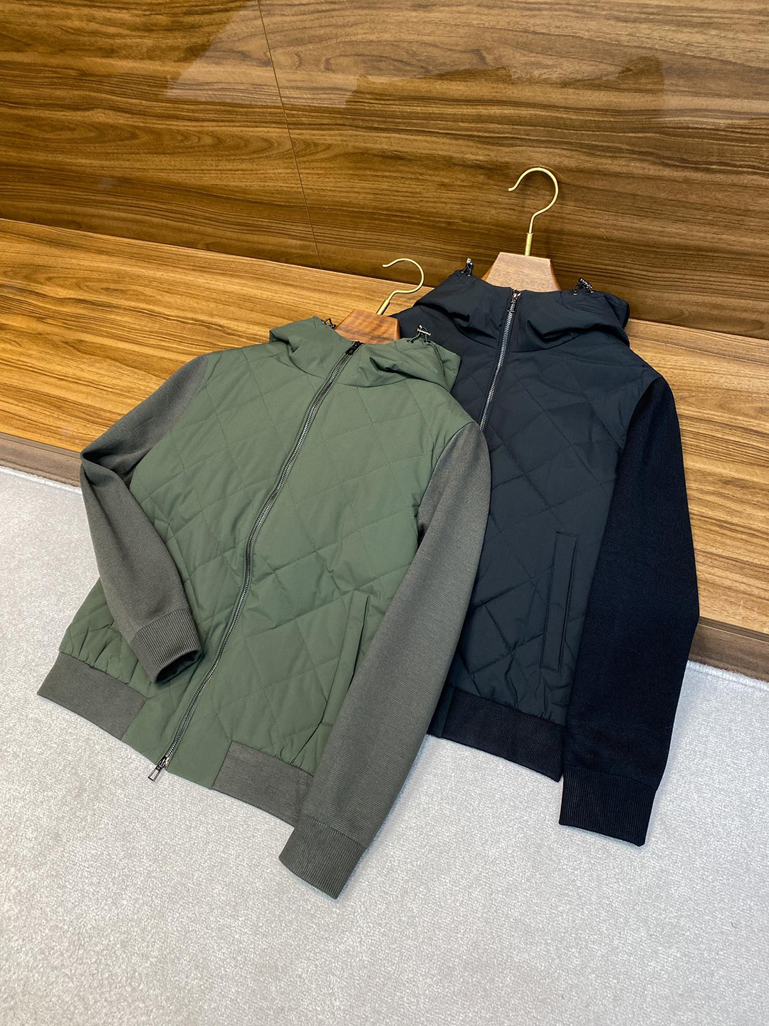 BLLIYOSS Men 2024 New Fashion Dia Grid Quilted Cotton Jacket Knitted Sleeve Patchwork Zipper Hooded High Quality Old Money