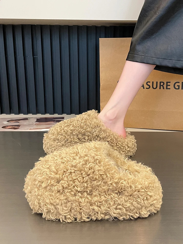 Fur Shoes Flock Winter Woman Slipper Pantofle Med Platform Cover Toe Slides Plush Rome Hoof Heels Rubber Fabric House Slipp 241118