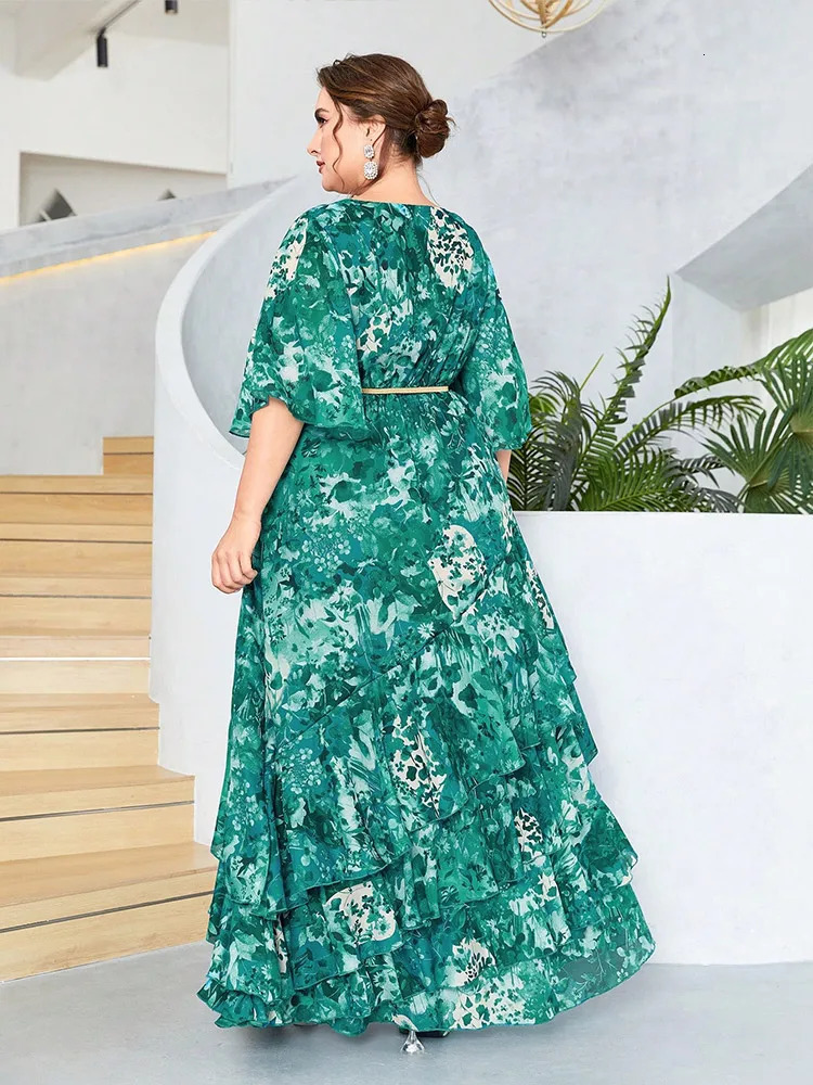 New Women Plus Size Maxi Dresses Stylish Elegant Chiffon Dress Casual Vneck Flared Sleeves Vintage Green Print Vacation Dress
