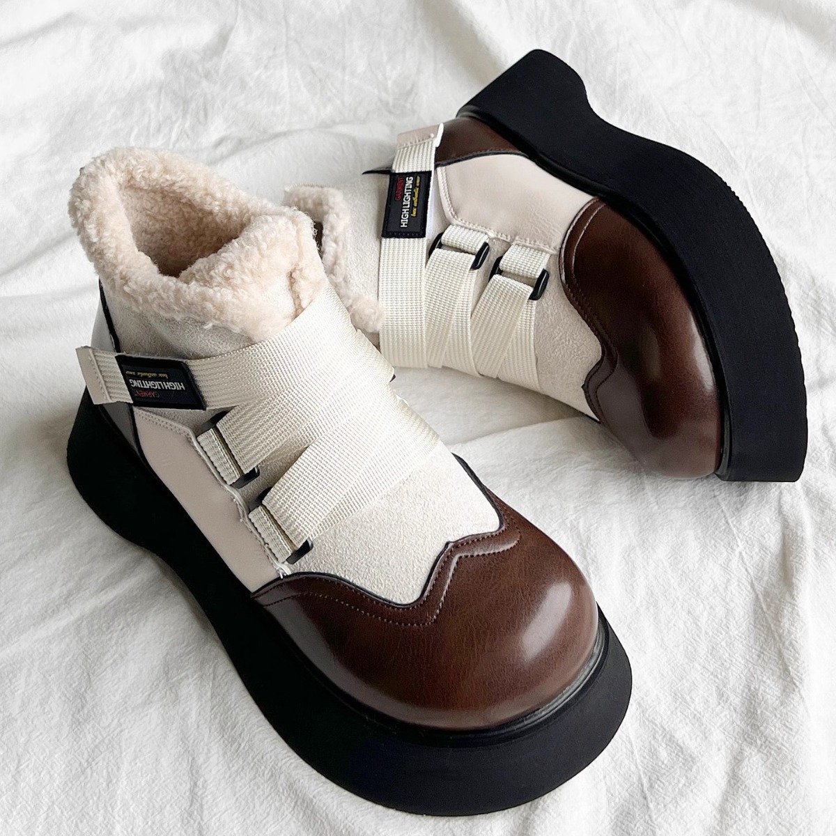 Women's Boots:Thick Sole Increase Height Short 2024 Design Sense Winter Warm Martin Boots Cotton Anti-Slip Snow Boots,Brown/Beige,fashion