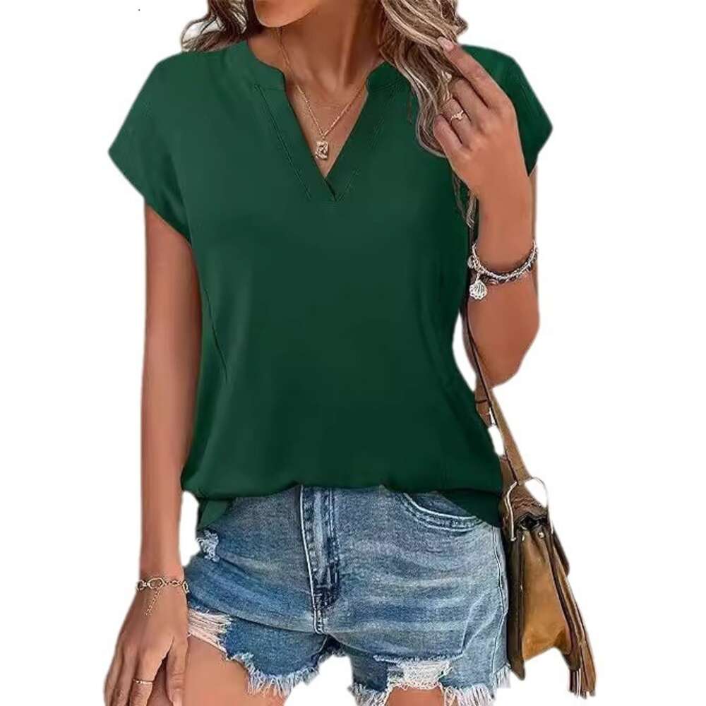 Women's 2024 Spring/summer Solid V-neck Casual Loose Short Sleeved T-shirtF41829