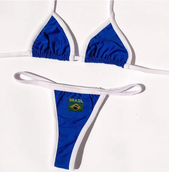 Sexy Embroidery Brasil Flag Contrast Split Bikini Set Women Swimwear Patchwork Swimsuit tie Outfit Summer Beachwear 240416