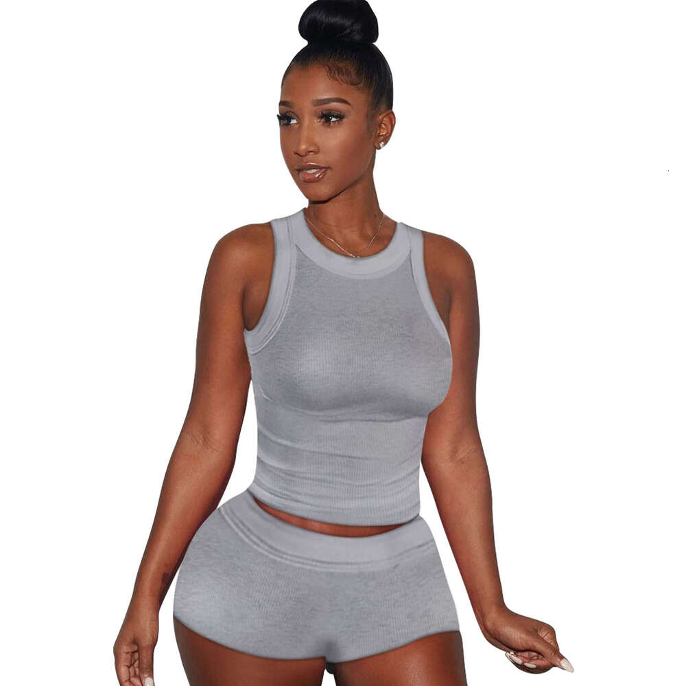 New Summer Sportwear Womens Casual Classic Sexy Solid Color Tank Top Shorts Two Piece Set Pit Stripe Fabric