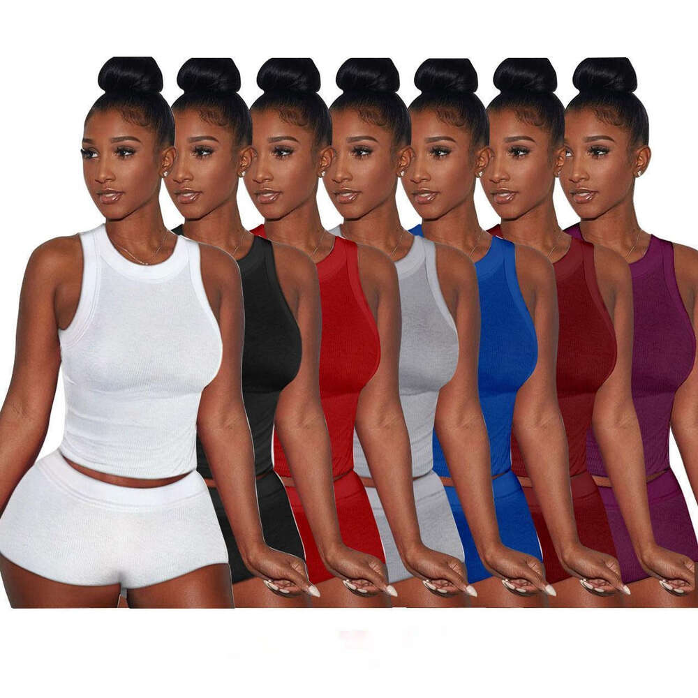 New Summer Sportwear Womens Casual Classic Sexy Solid Color Tank Top Shorts Two Piece Set Pit Stripe Fabric