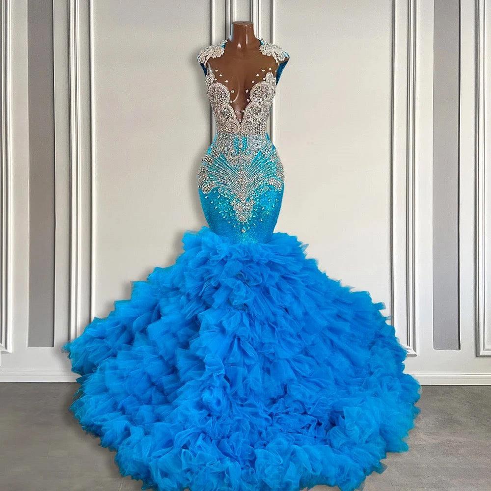 Tier Cascading Ruffles Skirts Blue Mermaid Prom Dresses For Black Girls Formal Evening Party Graduation Gowns Beadings Sequins Robes De Bal Bc mal